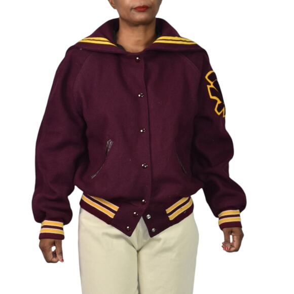 Vintage Holloway Varsity Jacket Red Wool College Letterman Trojan Patch 40 Large - Picture 9 of 14